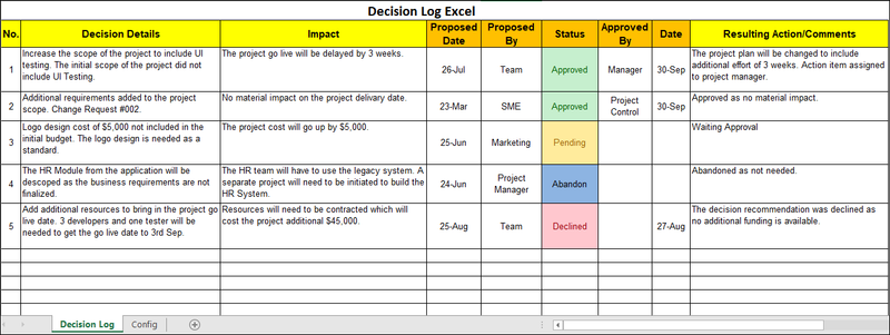 Decision Log Excel Template