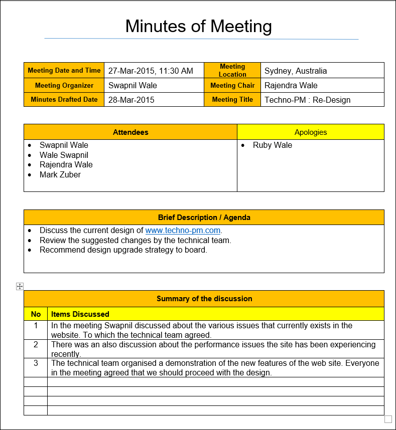 Minutes of Meeting Example