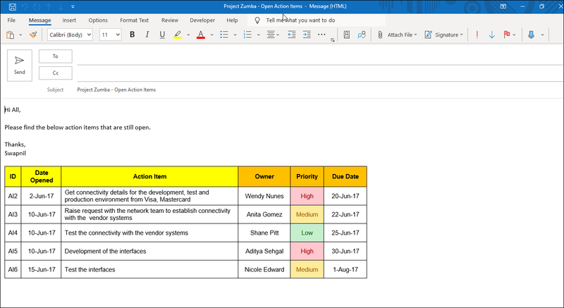 Open Actions Items Outlook Template