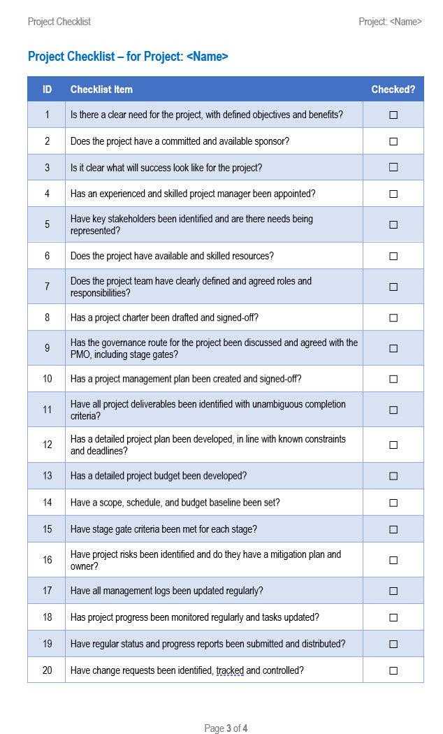 Project Checklist Template Word
